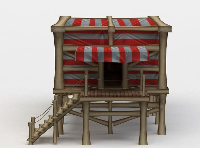 Building wooden house with stairs and striped awning Low-poly 3D model
