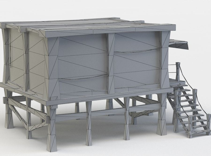 Building wooden house with stairs and striped awning