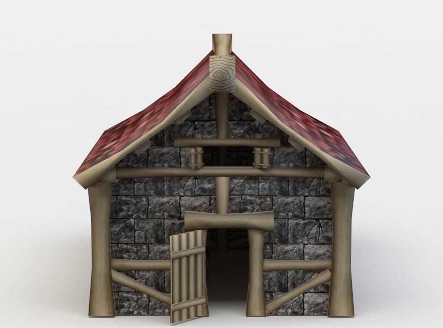 House wooden with roof Low-poly 3D model_0