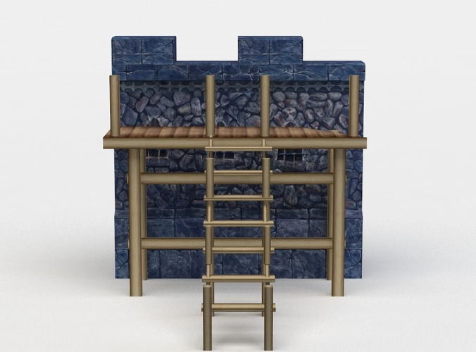 Masonry wall with wooden stairs  Low-poly 3D model