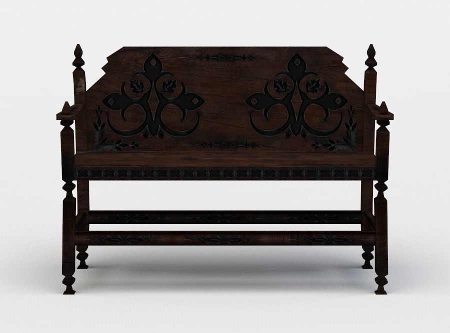 Bench ornate wooden Low-poly 3D model_0