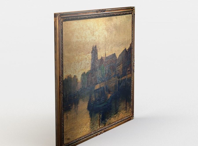 Painting of city with boats on water