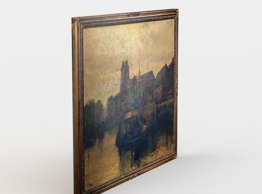 Painting of city with boats on water Low-poly 3D model_1