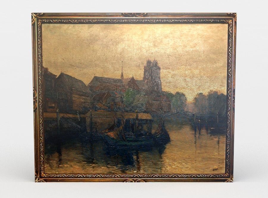 Painting of city with boats on water Low-poly 3D model_0