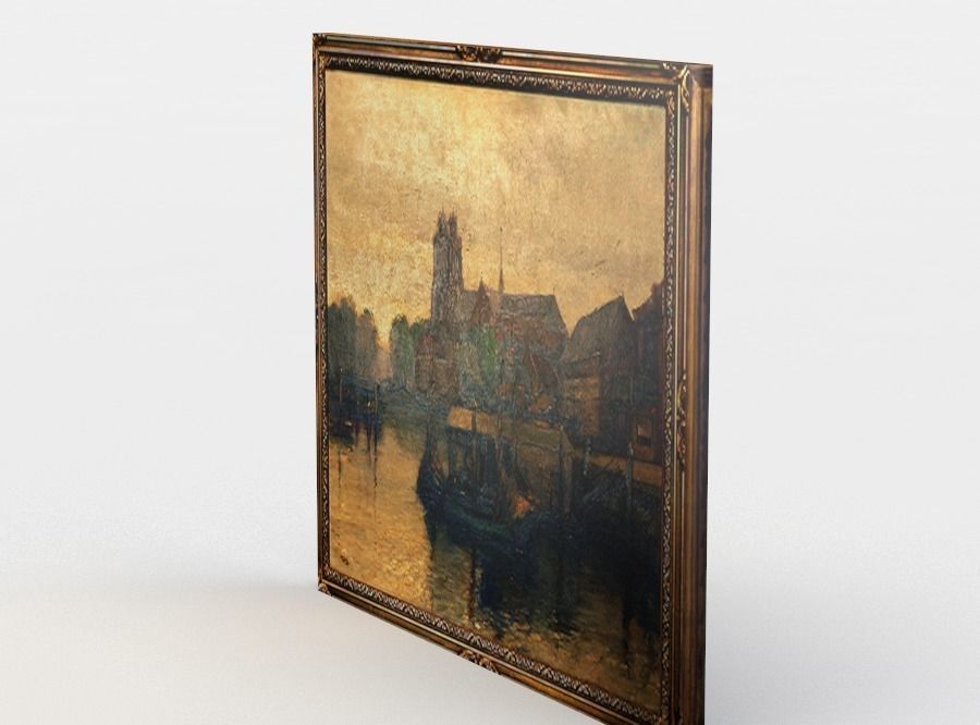 Painting of city with boats on water Low-poly 3D model_2