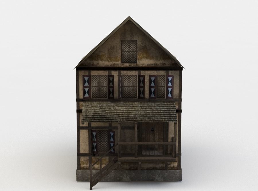 House old with balcony Low-poly 3D model_0