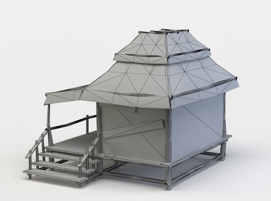 Shack wooden house with thatched roof Low-poly 3D model_4