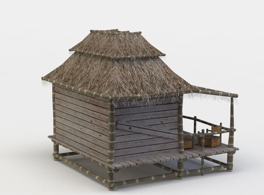 Shack wooden house with thatched roof Low-poly 3D model_2