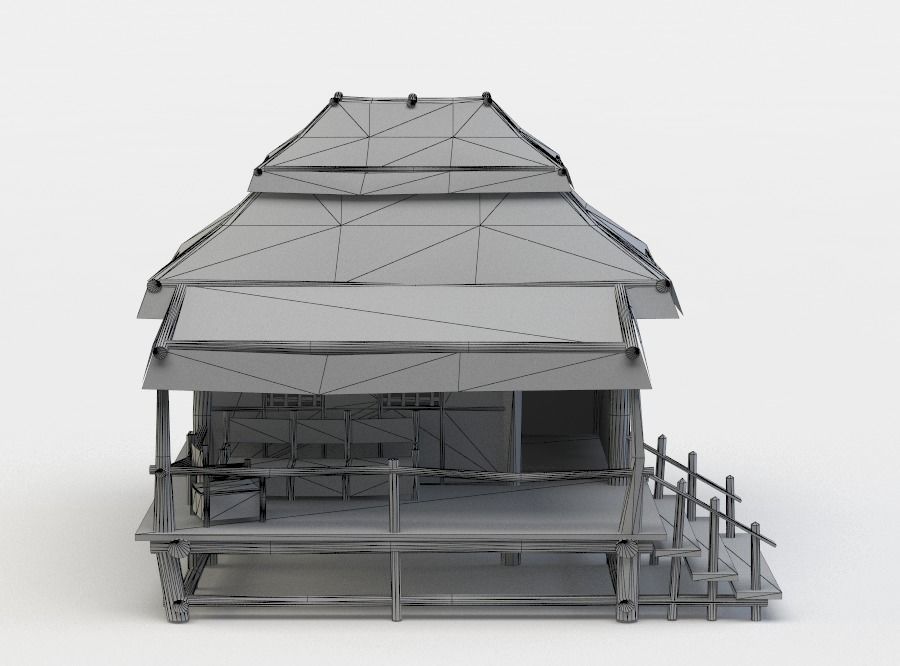 Shack wooden house with thatched roof Low-poly 3D model_3