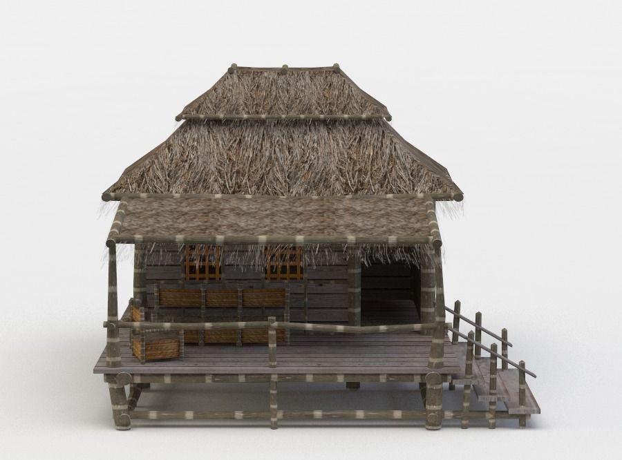 Shack wooden house with thatched roof Low-poly 3D model_0