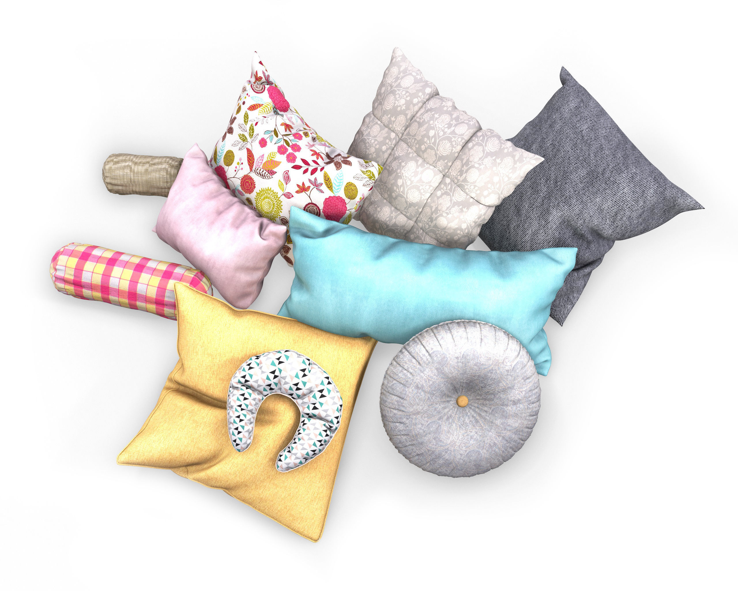 Pillow Set with flowers 3D model_1