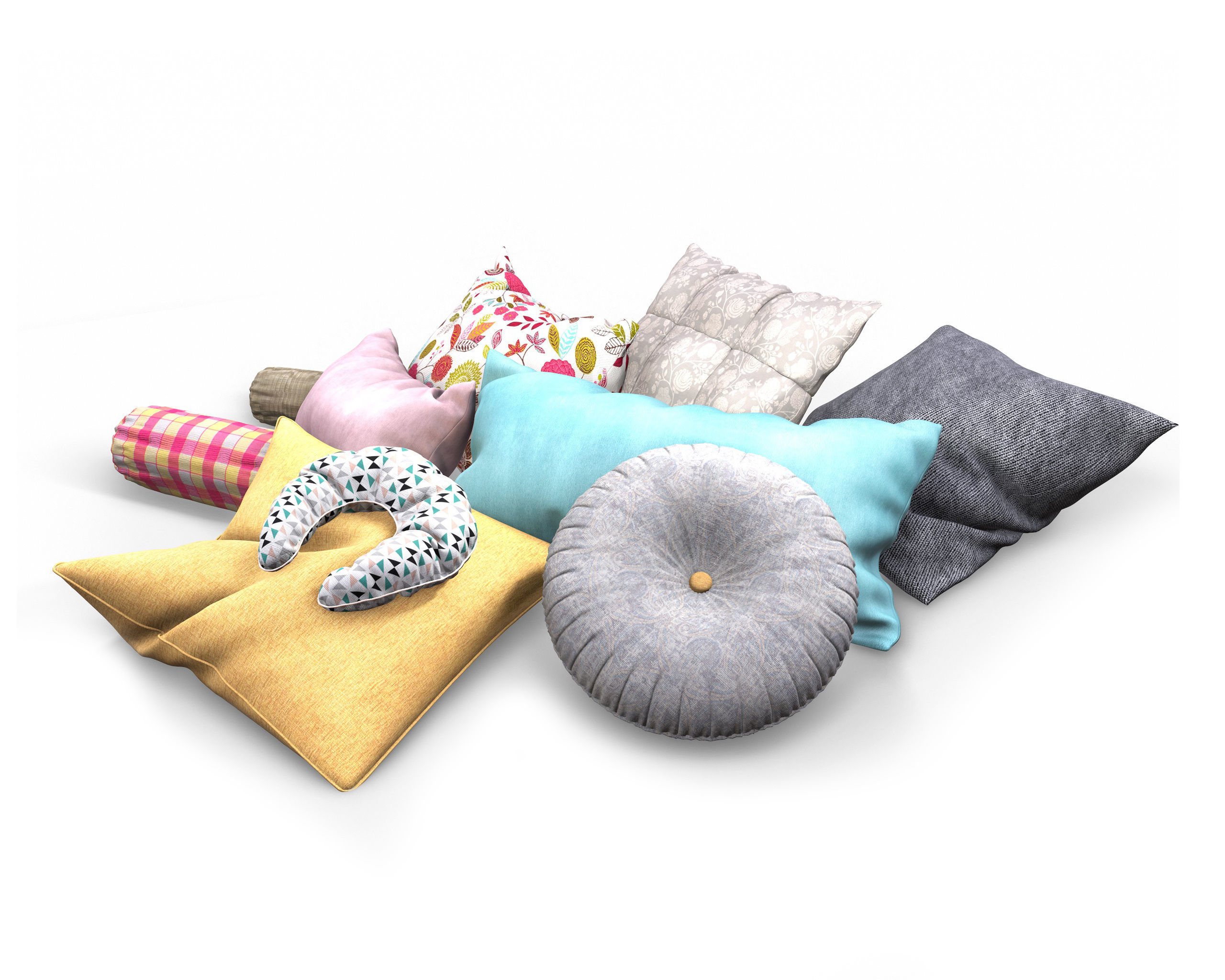Pillow Set with flowers 3D model_3
