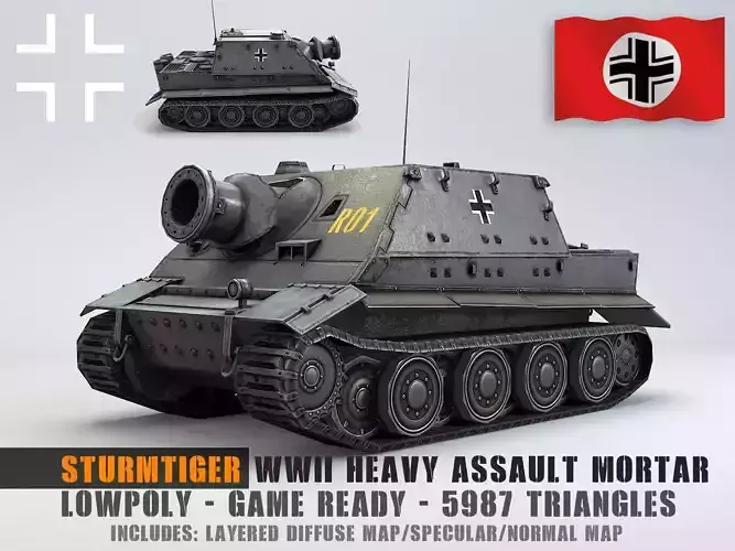 Low Poly Sturmtiger ww2 german heavy assault mortar Low-poly 3D model