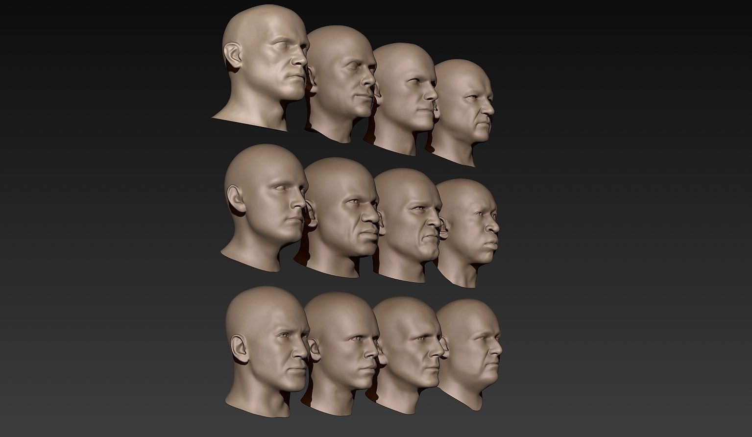 12 Male Heads 3D model_2