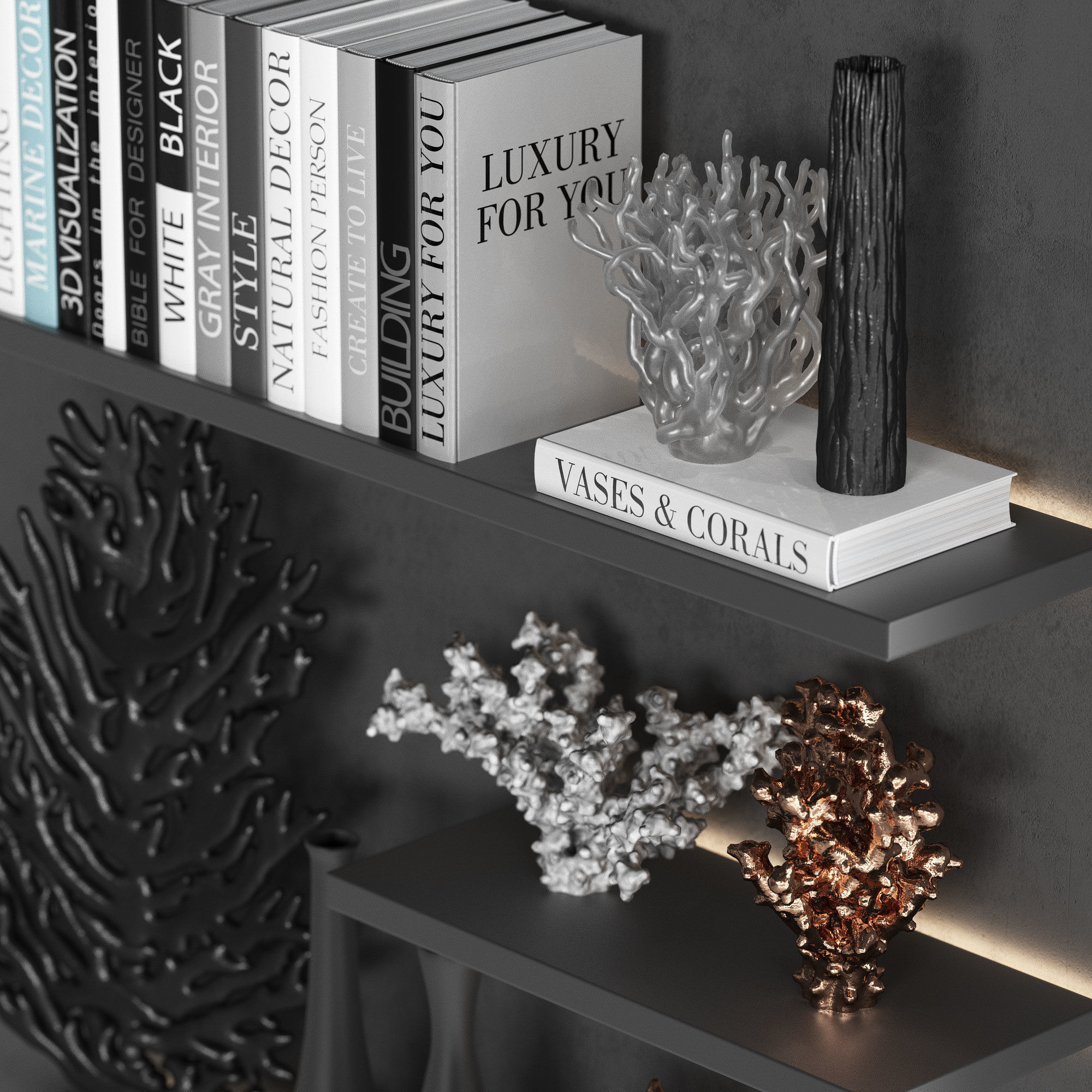 Decorative set of organic coral with books and vases 3D model_2