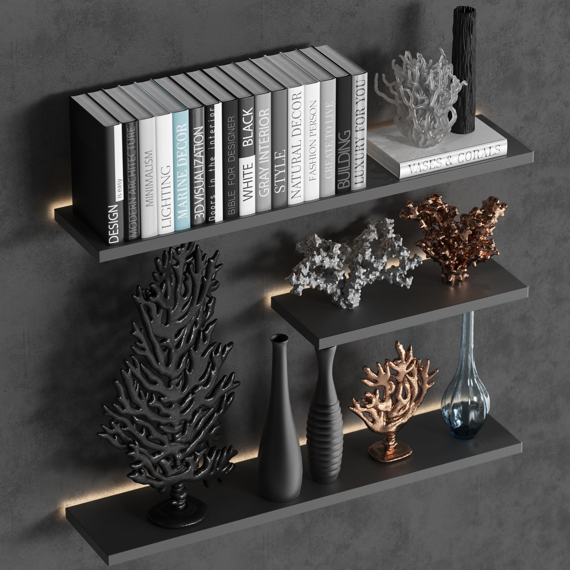 Decorative set of organic coral with books and vases 3D model_1
