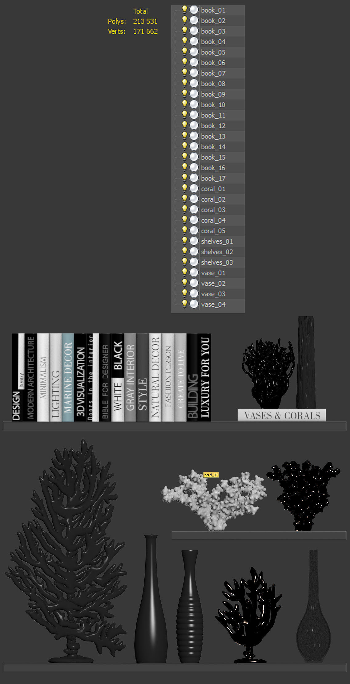 Decorative set of organic coral with books and vases 3D model_4