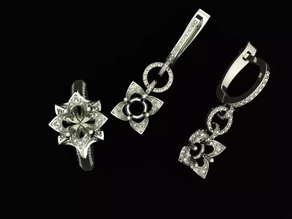EX-41 diamond flower ring and earrings 3D print model_0