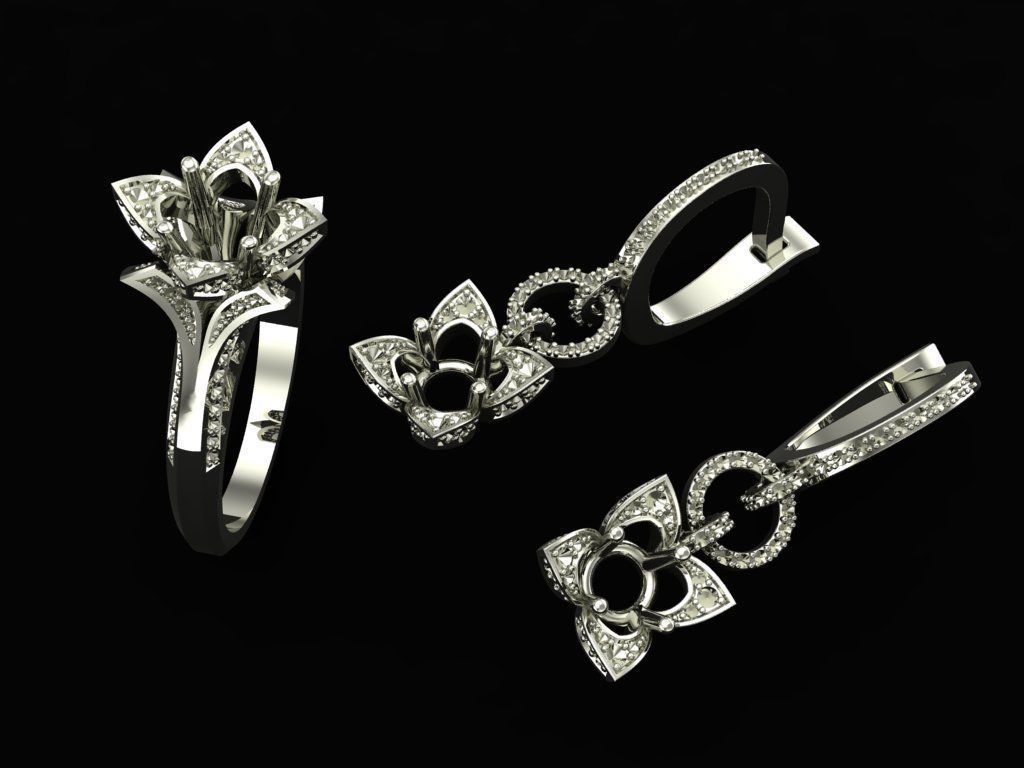 EX-41 diamond flower ring and earrings 3D print model_1