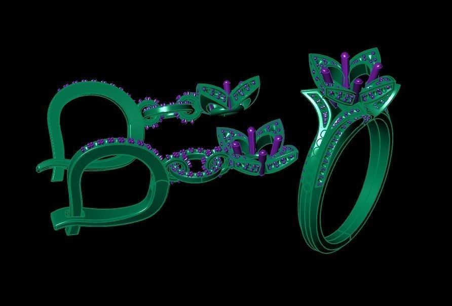 EX-41 diamond flower ring and earrings 3D print model_3