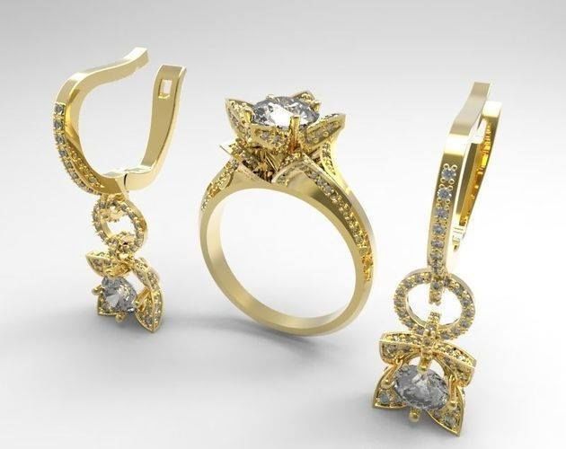 EX-41 diamond flower ring and earrings 3D print model_2