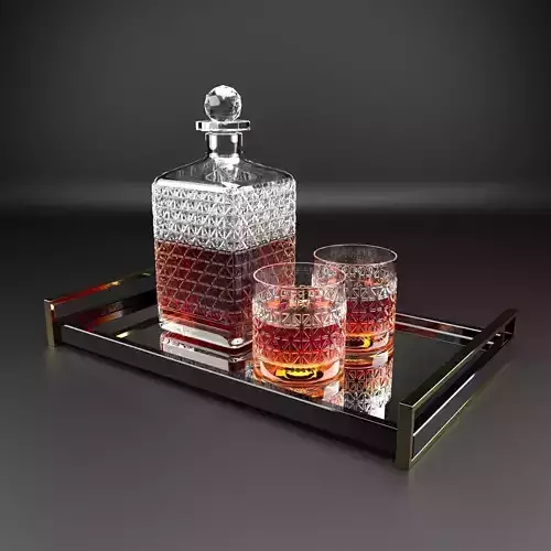 WHISKEY SET two glasses and decanter on tray
