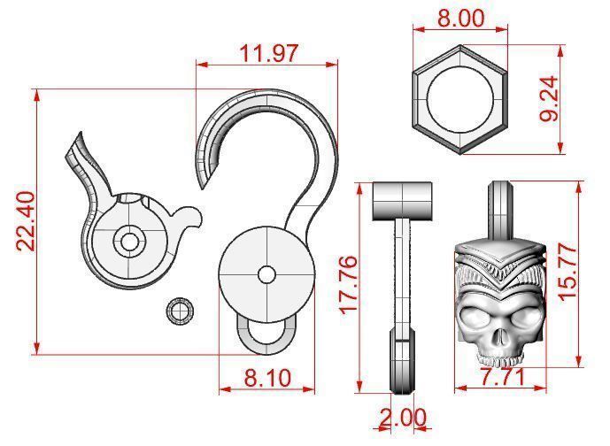 Bracelet or chain Piston Skull 3D print model_21