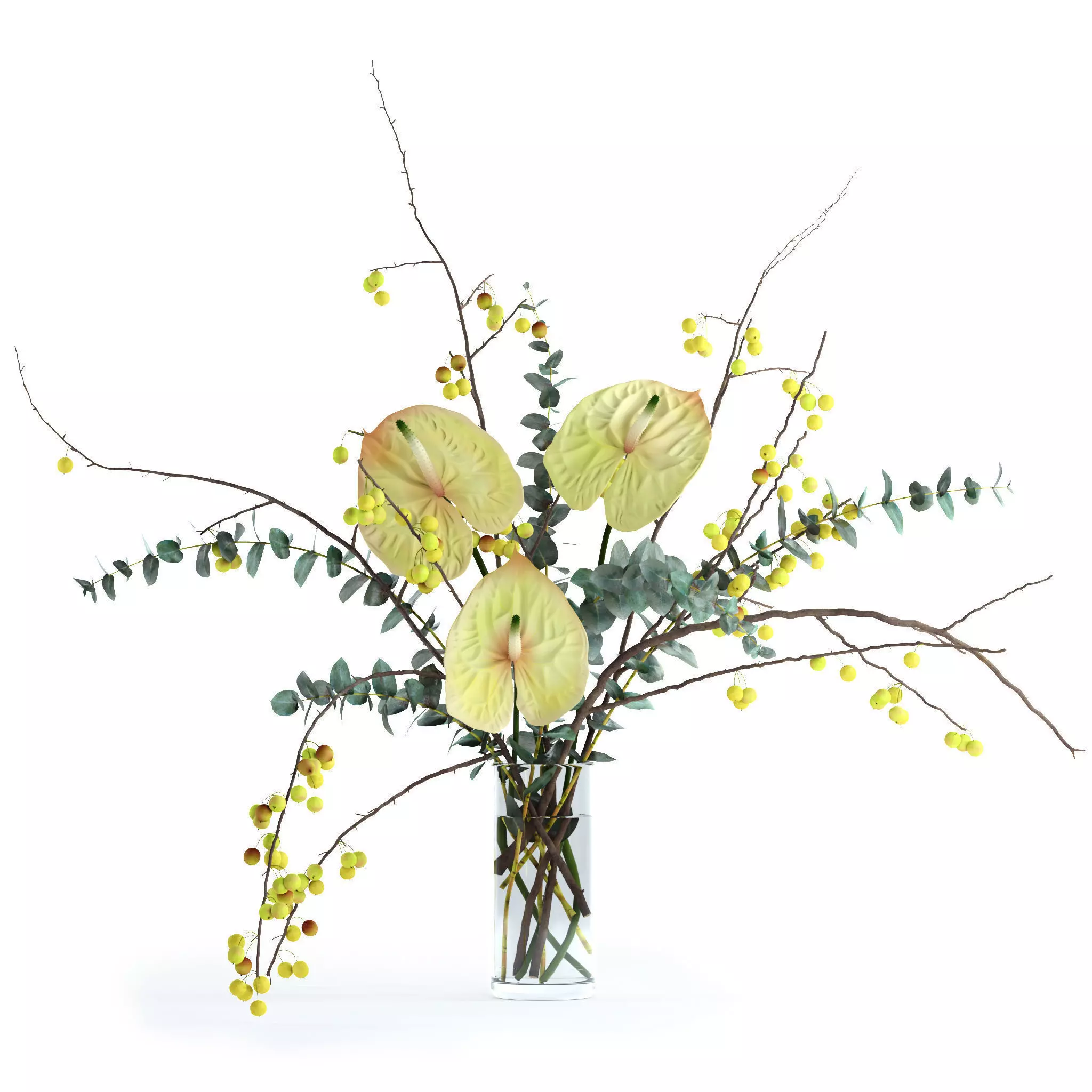 Green anthurium and Crabapple and Eucalyptus 3D model_0