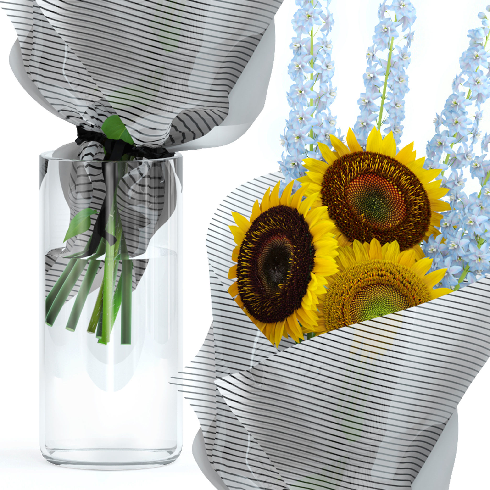 Sunflowers and Delphinium 3D model_2