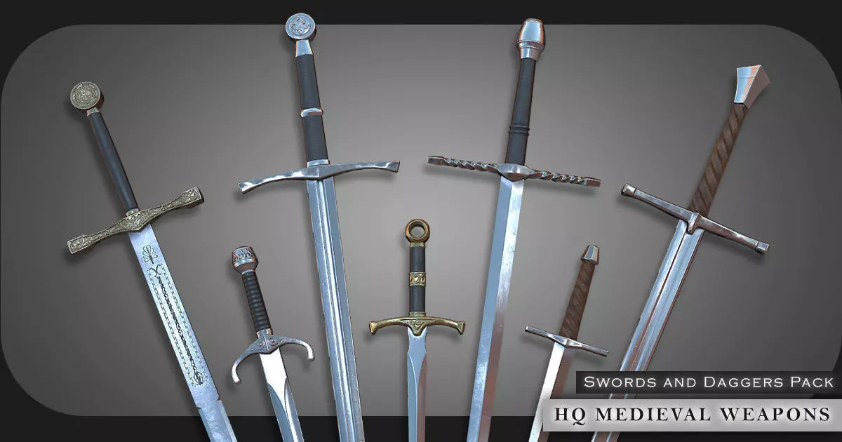 HQ Medieval weapons for games - Swords and daggers Low-poly 3D model_0
