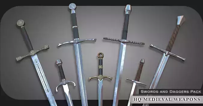 HQ Medieval weapons for games - Swords and daggers Low-poly 3D model