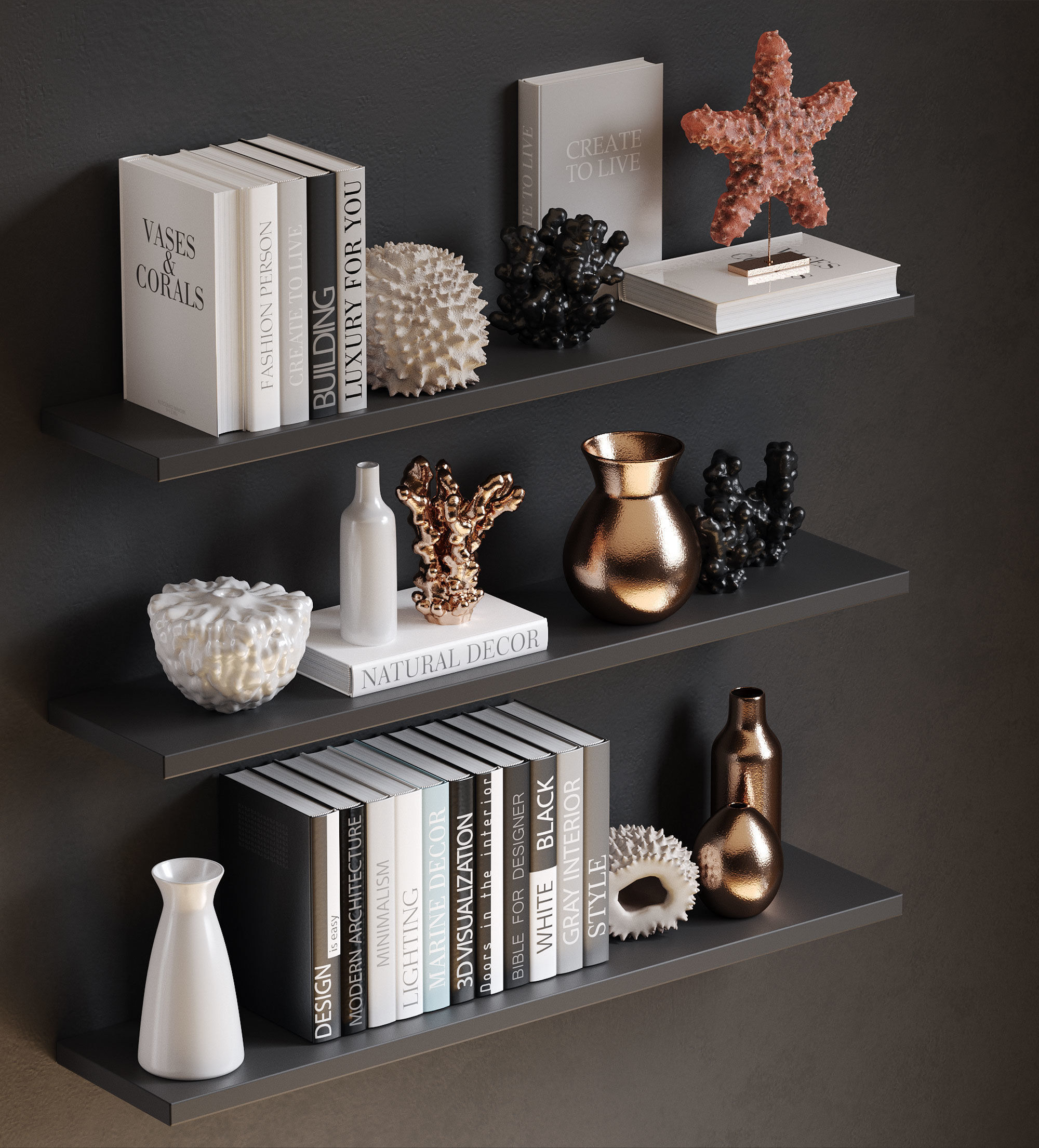 Sea decor with corals vases and books 3D model_1