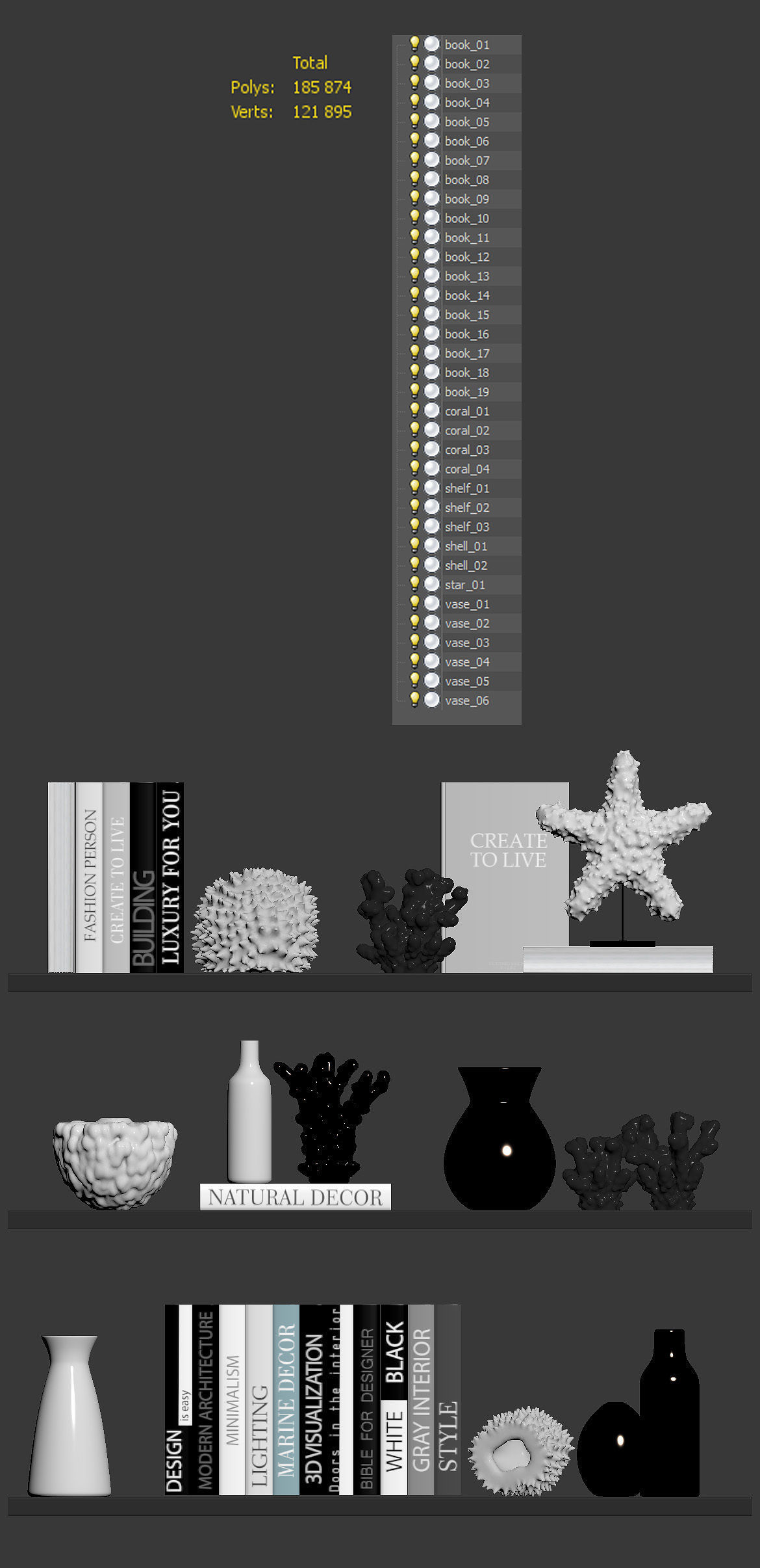 Sea decor with corals vases and books 3D model_4