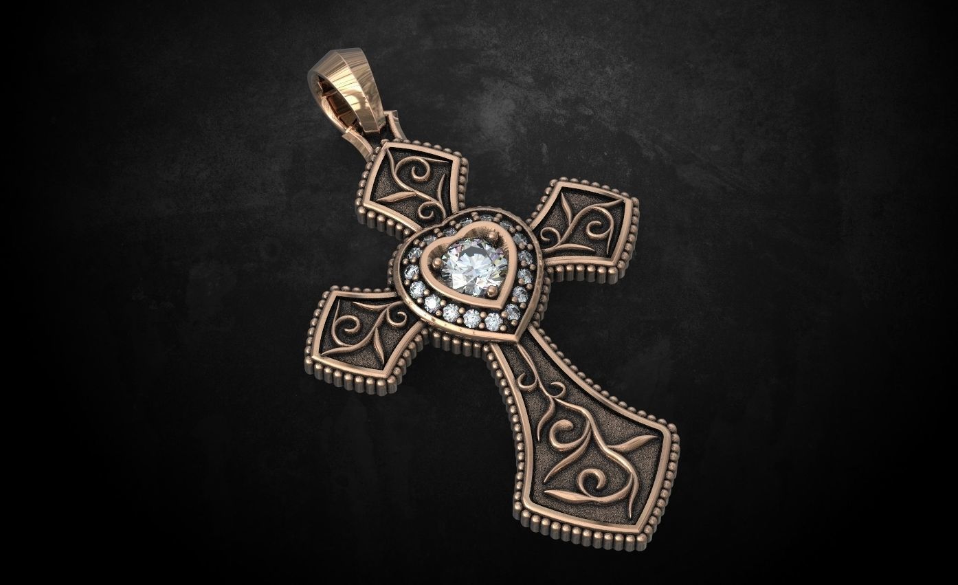 Cross with hearts and patterns stylish decoration 249 3D print model_3