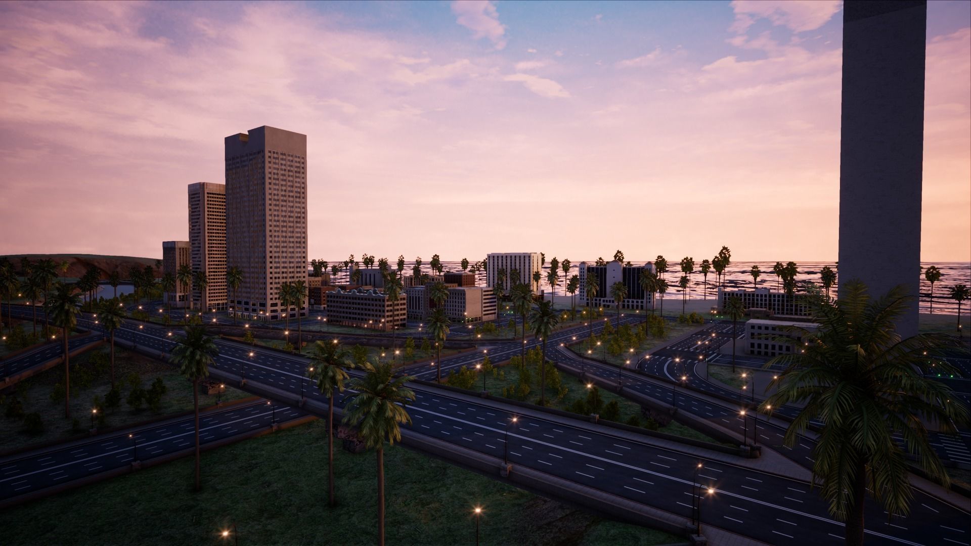 ModularCity sunset city - skyscrapers and palm trees Low-poly 3D model_9
