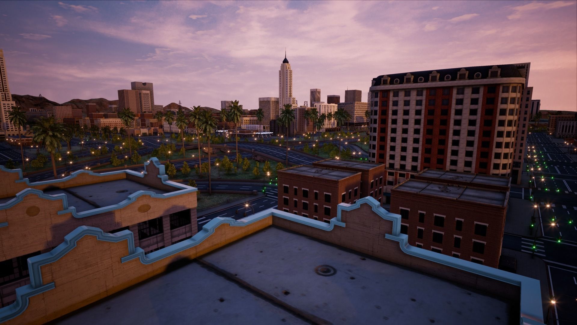 ModularCity sunset city - skyscrapers and palm trees Low-poly 3D model_12