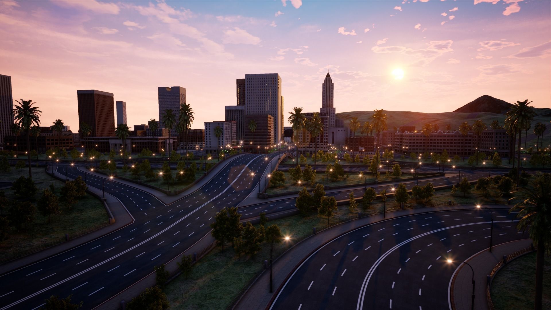 ModularCity sunset city - skyscrapers and palm trees Low-poly 3D model_10