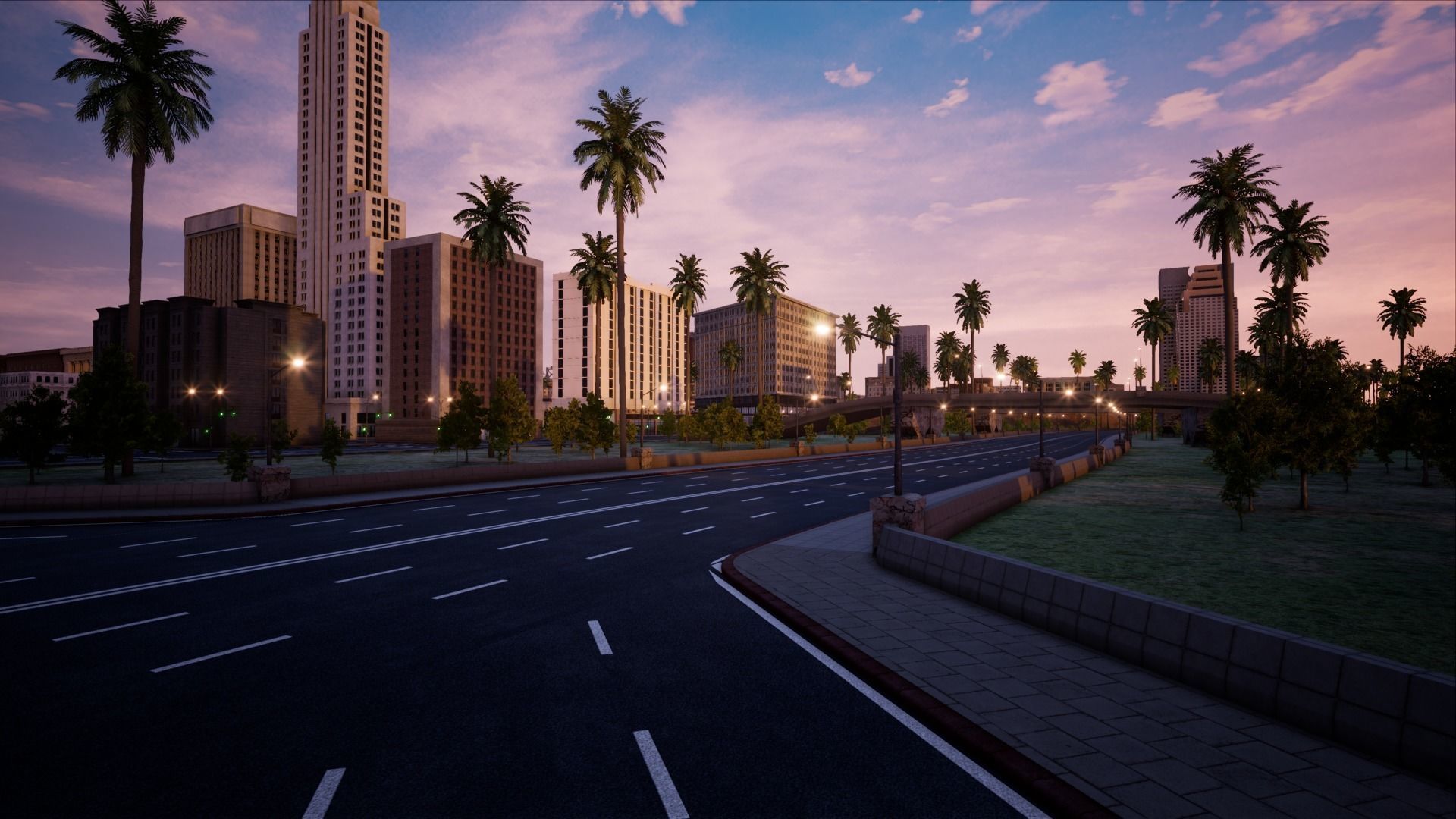 ModularCity sunset city - skyscrapers and palm trees Low-poly 3D model_6
