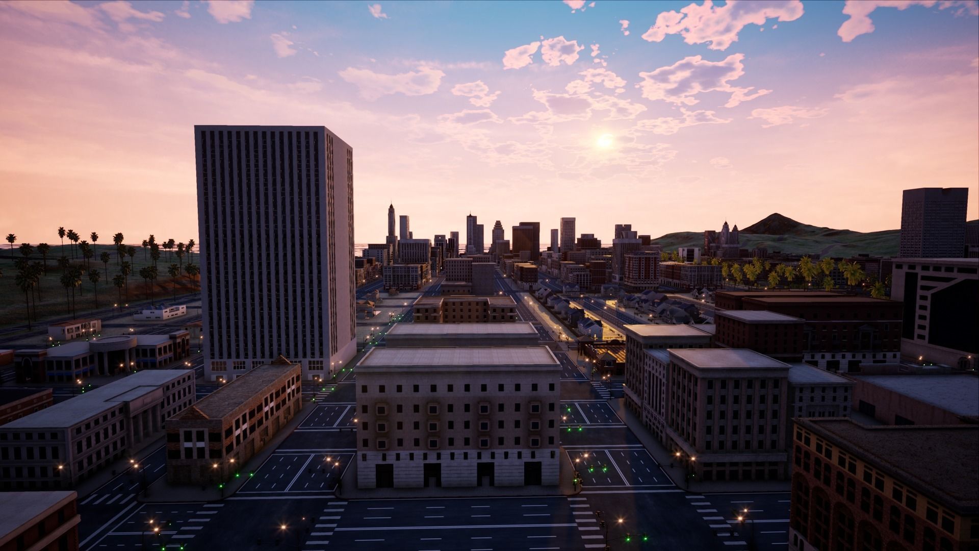 ModularCity sunset city - skyscrapers and palm trees Low-poly 3D model_3