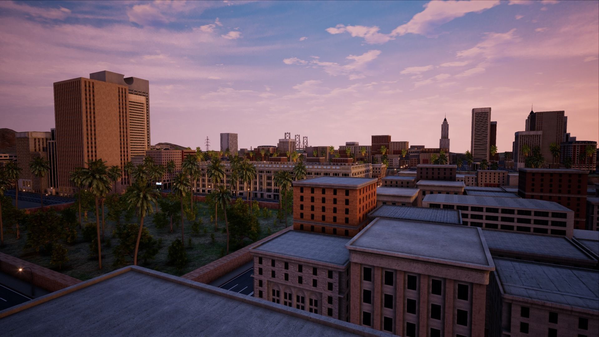ModularCity sunset city - skyscrapers and palm trees Low-poly 3D model_11