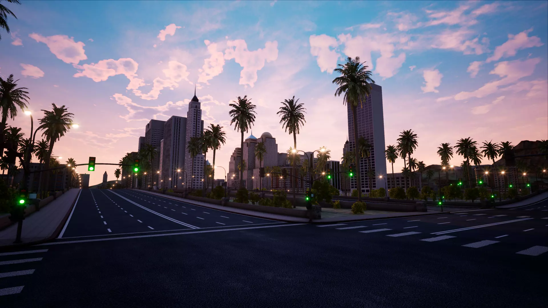 ModularCity sunset city - skyscrapers and palm trees Low-poly 3D model_0