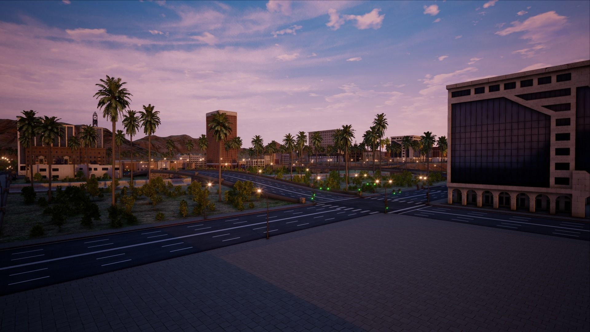 ModularCity sunset city - skyscrapers and palm trees Low-poly 3D model_7