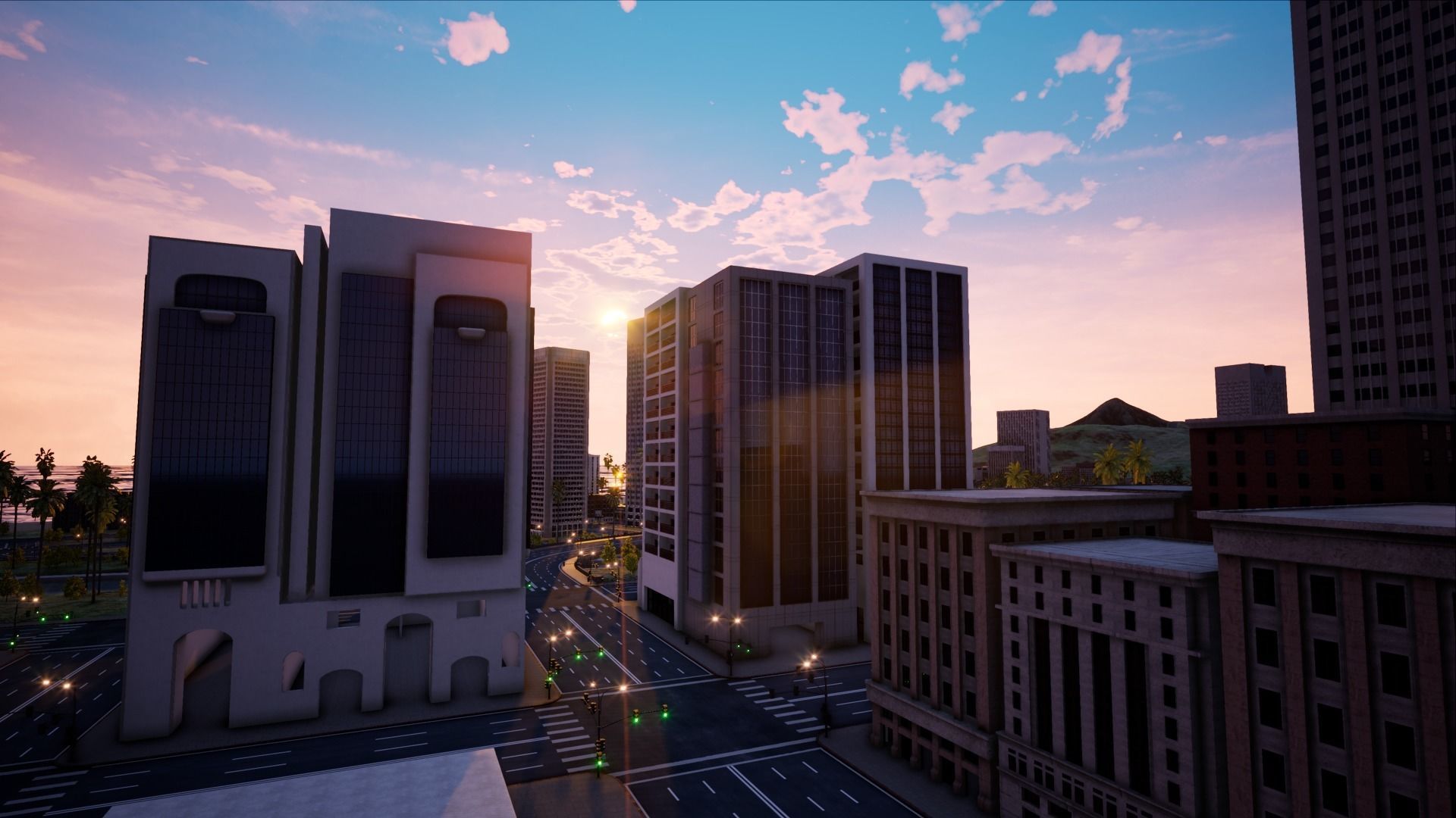 ModularCity sunset city - skyscrapers and palm trees Low-poly 3D model_13