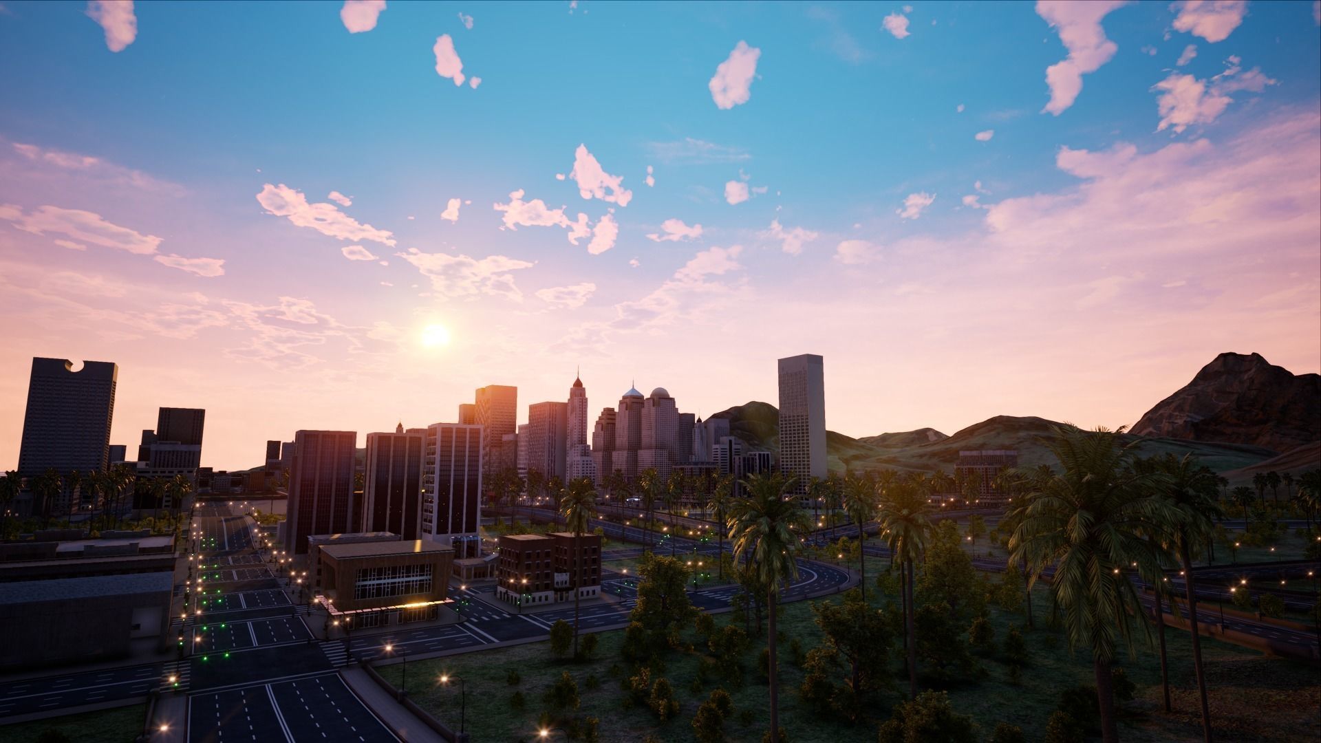 ModularCity sunset city - skyscrapers and palm trees Low-poly 3D model_4