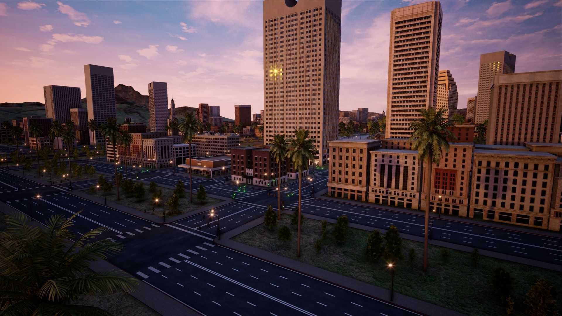 ModularCity sunset city - skyscrapers and palm trees Low-poly 3D model_14