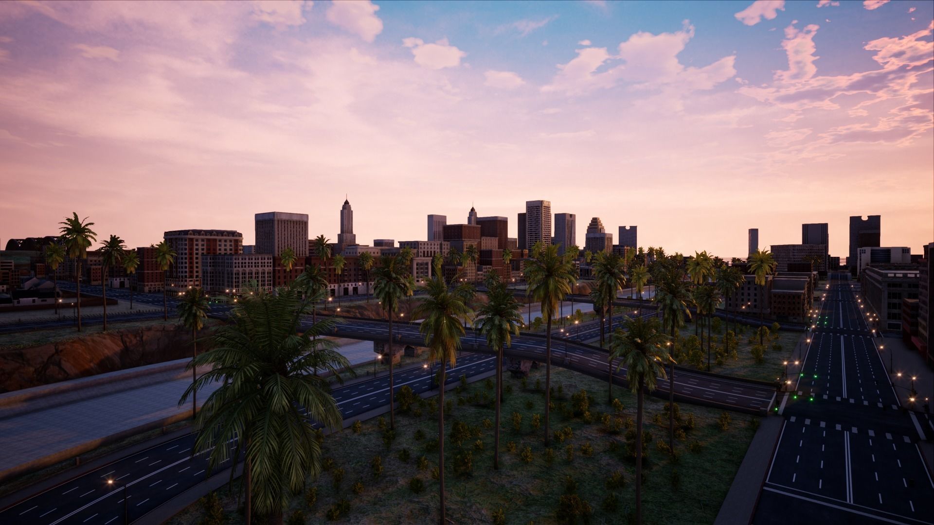 ModularCity sunset city - skyscrapers and palm trees Low-poly 3D model_15