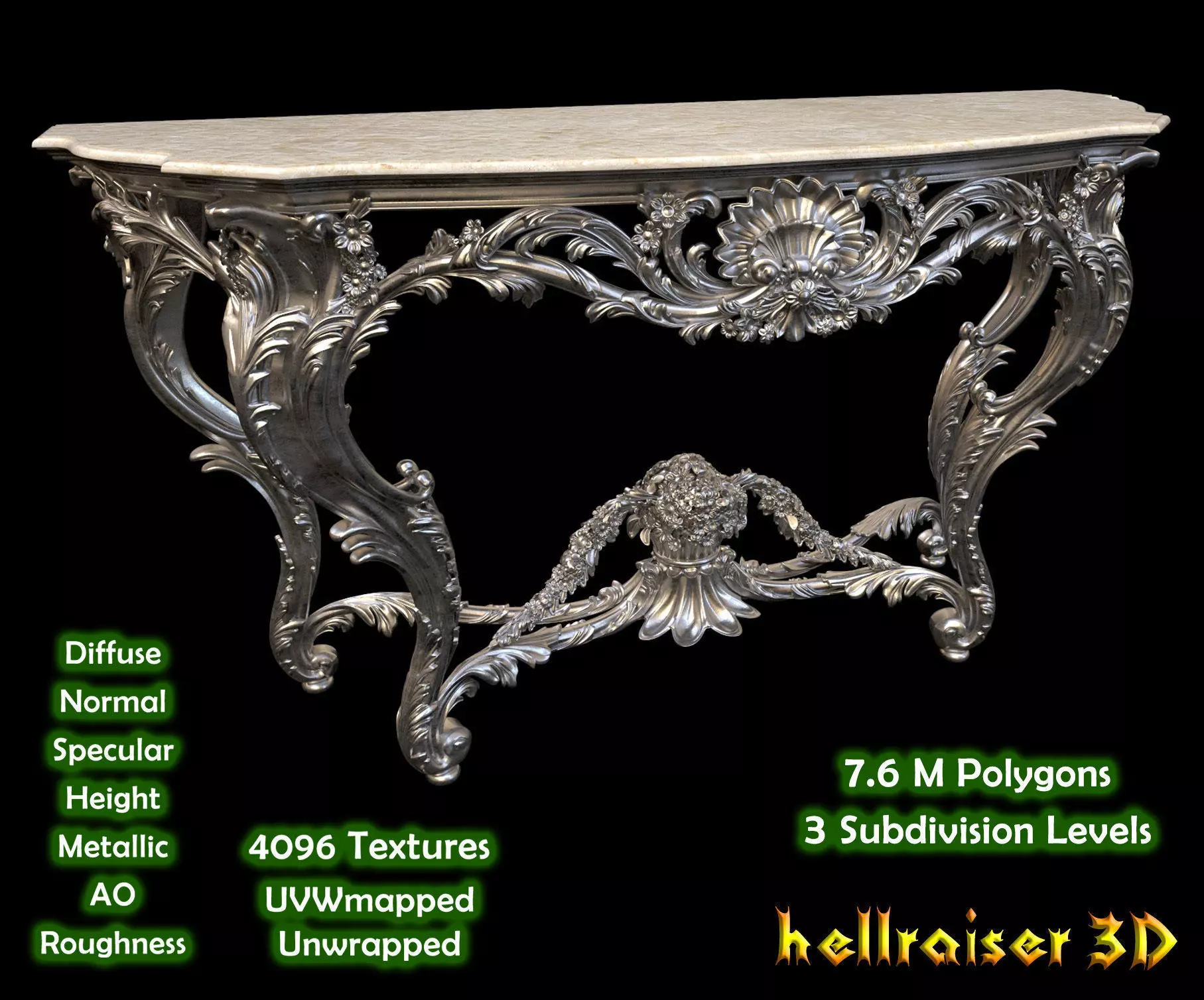 Vintage Gothic Marble Table - PBR - Textured 3D model_0