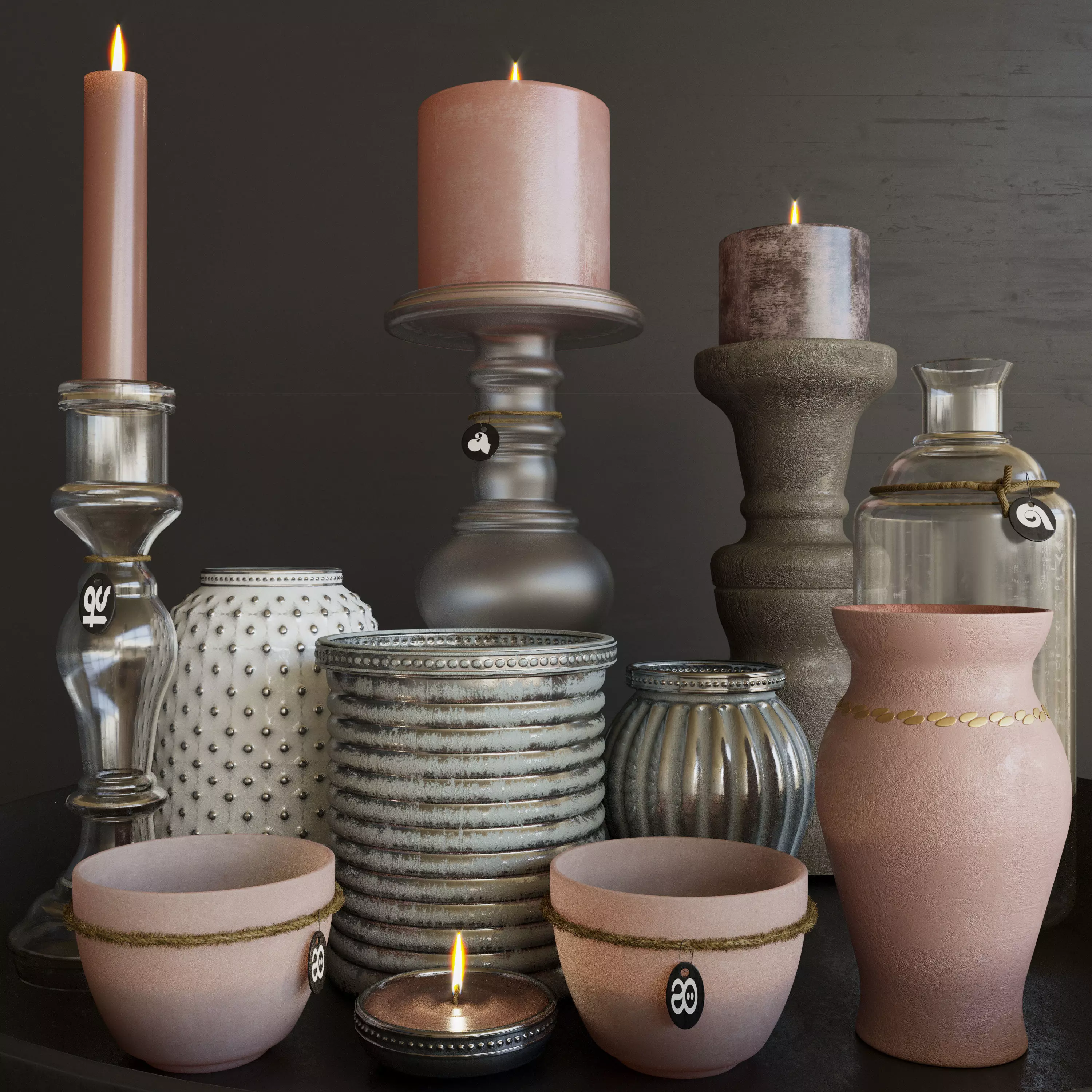 Candles 3 vases and candle holders 3D model_0