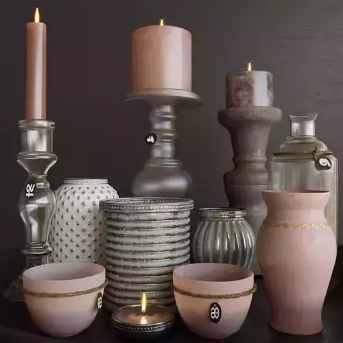 Candles 3 vases and candle holders