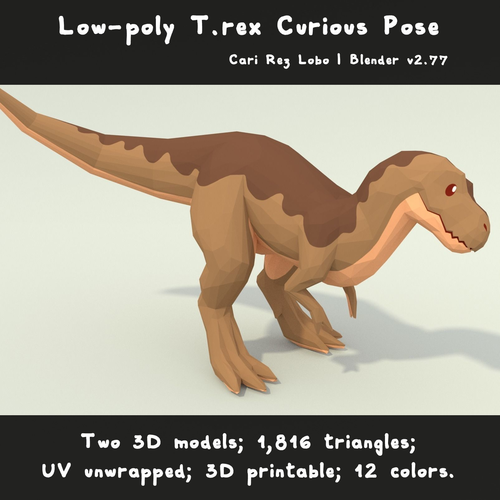 Low-poly T-rex Curious Pose Printable 12 colors Low-poly 3D model